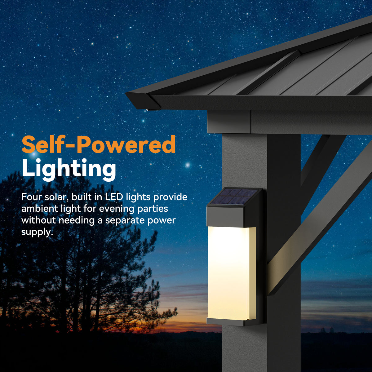 Modern Shade The Horizon Hardtop Gazebo - 10' x 14' Black Double Steel Roof with 4 Solar LED Lights