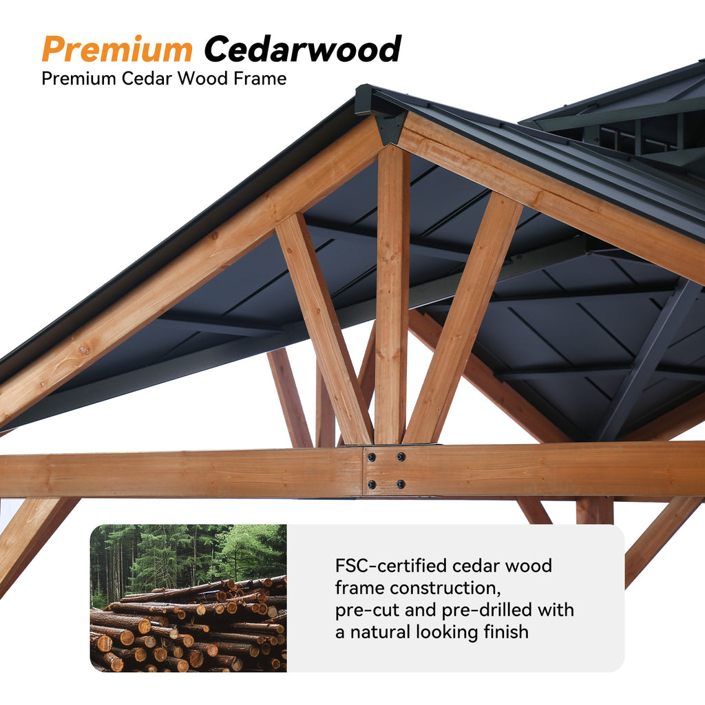 Modern Shade 12’ x 12’ Hardtop Wood Gazebo with Steel Roof, Water Resistant, Wind Resistant, Solid Cedar Frame