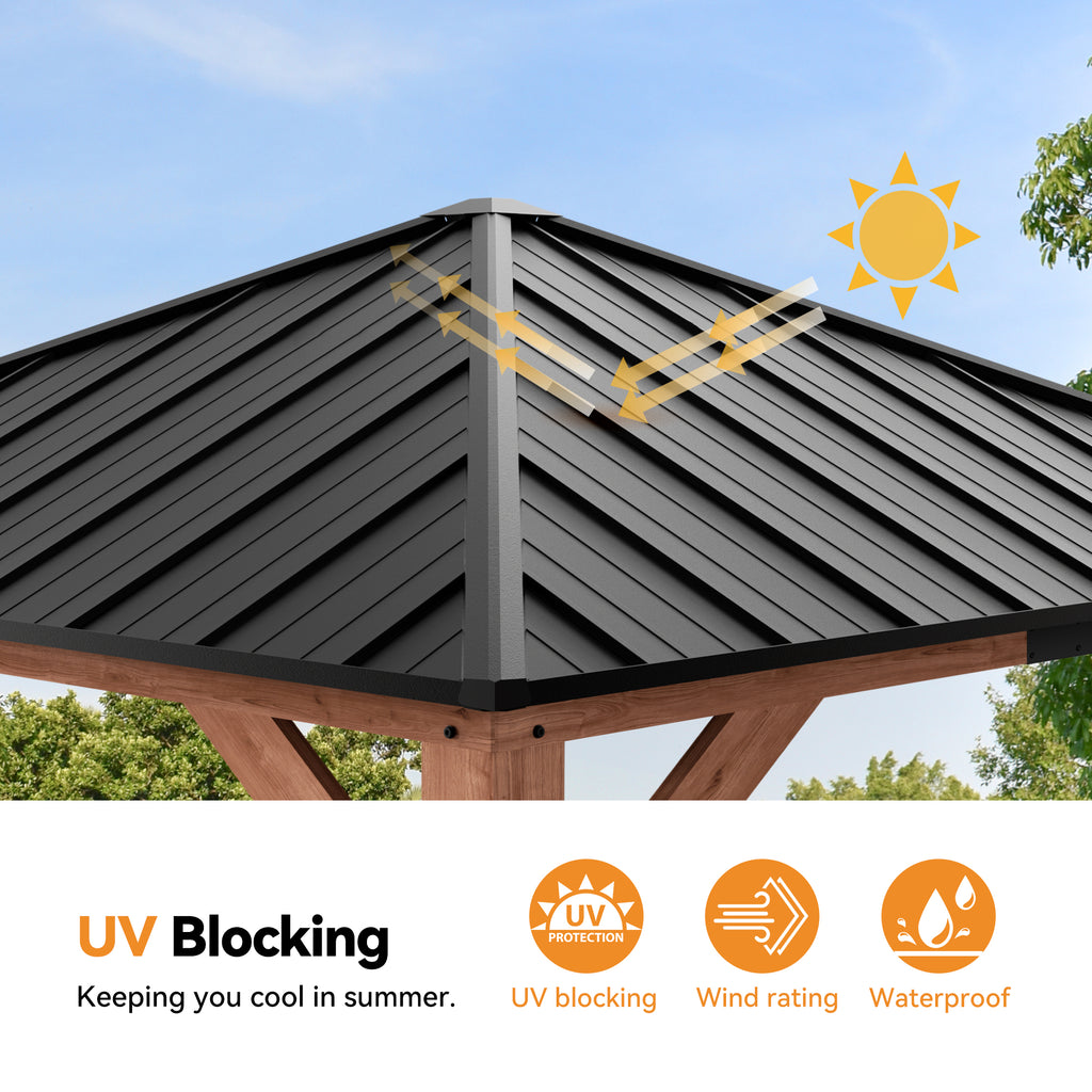 Modern Shade Tranquil Grove 10'x10' Hardtop Gazebo, Cedar Frame, Steel Roof, Netting, Curtain, Brown Outdoor Pavilion