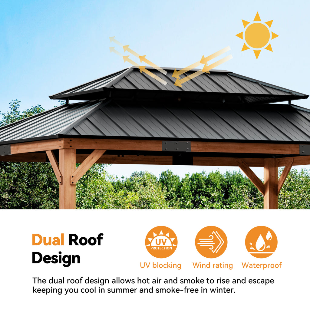 Modern Shade 12'x16' Rosewood Cedar Gazebo Double Galvanized Steel Roof for Garden Backyard
