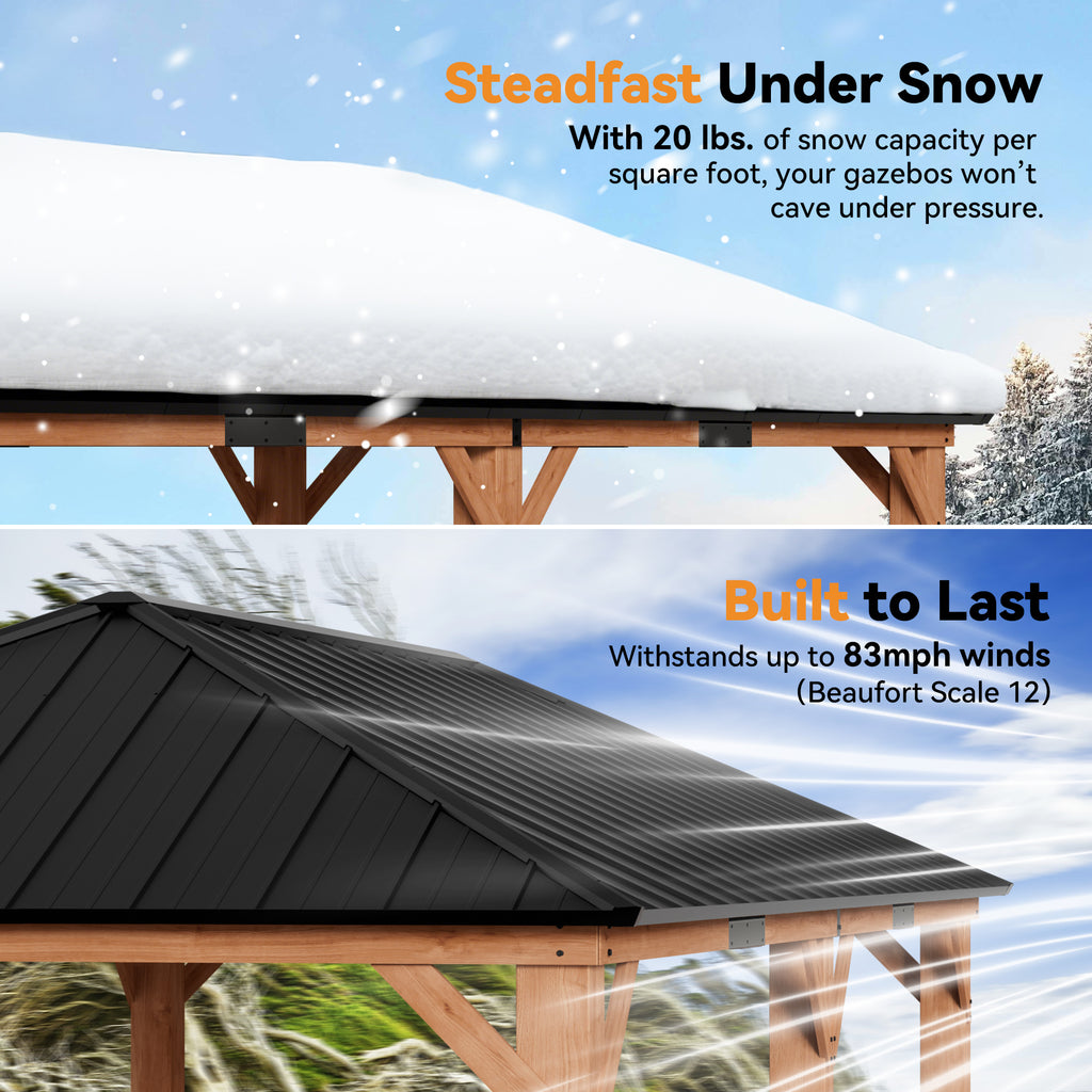 Modern Shade Tranquil Grove 12'x24’Hardtop Gazebo,Cedar Framed Pavilion with Galvanized Steel Roof,Permanent Patio Metal Gazebo for Outdoor Brown