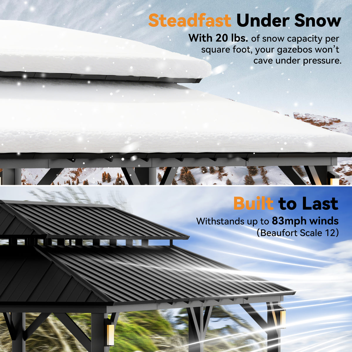 Modern Shade Horizon 12'x24' Hardtop Gazebo, Galvanized Steel Double Roof with 4 LED Lights, Netting & Curtains, Black