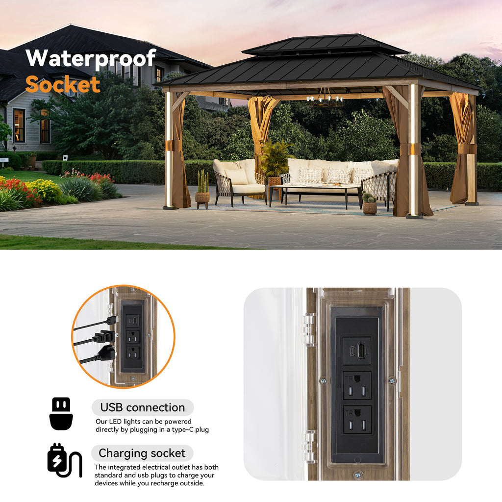 Modern Shade 12'x16' Hardtop Gazebo Wood-Look Aluminum 4 LED Lights USB Ports for Outdoor Patio Deck