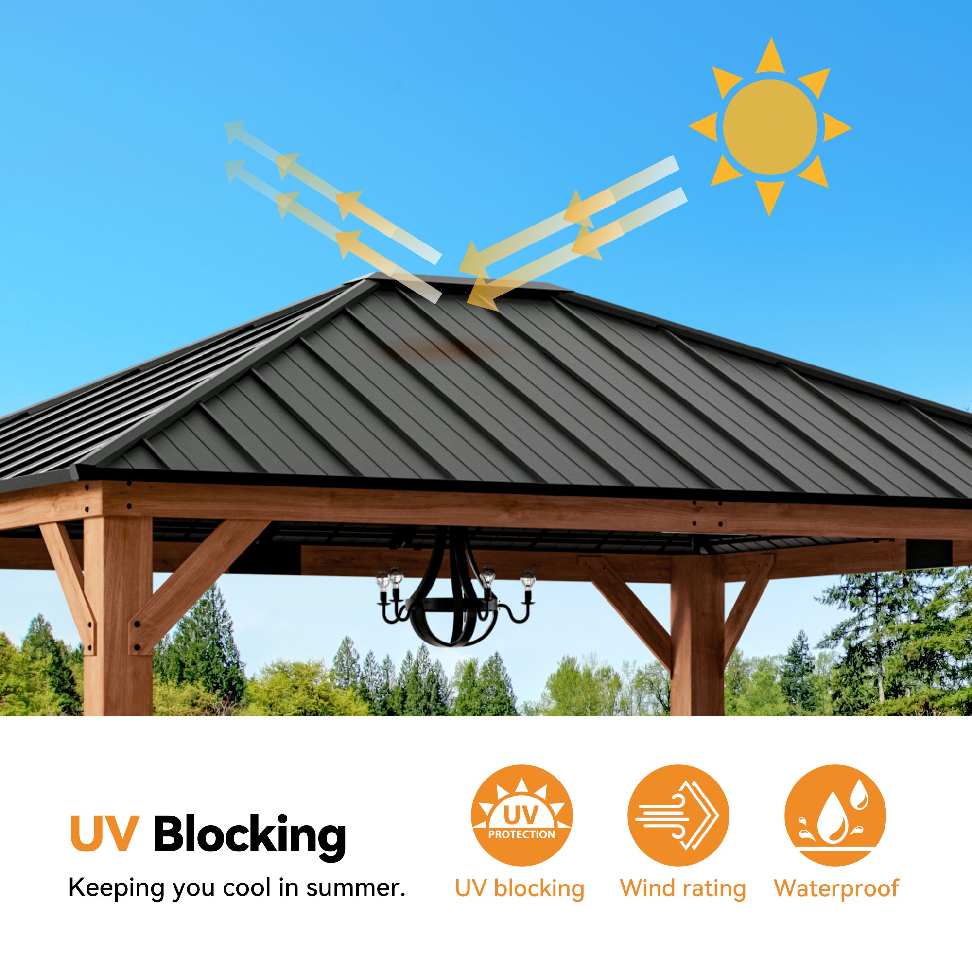 Modern Shade Tranquil Grove 12'x14’Hardtop Gazebo,Cedar Framed Pavilion with Galvanized Steel Roof,Permanent Patio Metal Gazebo for Outdoor Brown