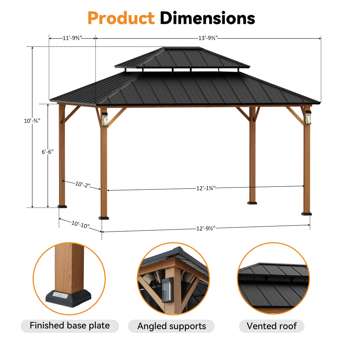 Modern Shade Hardtop Gazebo 12' x 14' with 4 LED Lights, Permanent Gazebo with Double Galvanized Steel Roof for Outdoor Backyard, Brown