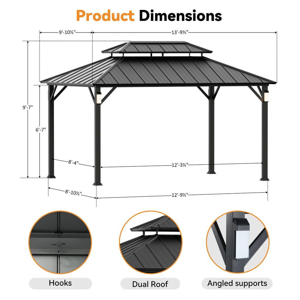 Modern Shade The Horizon Hardtop Gazebo - 10' x 14' Black Double Steel Roof with 4 Solar LED Lights