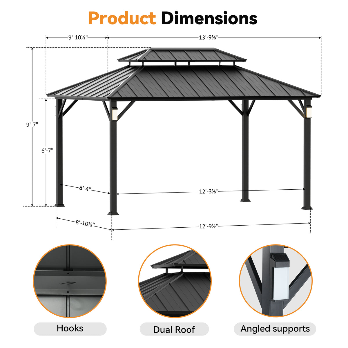 Modern Shade The Horizon Hardtop Gazebo - 10' x 14' Black Double Steel Roof with 4 Solar LED Lights