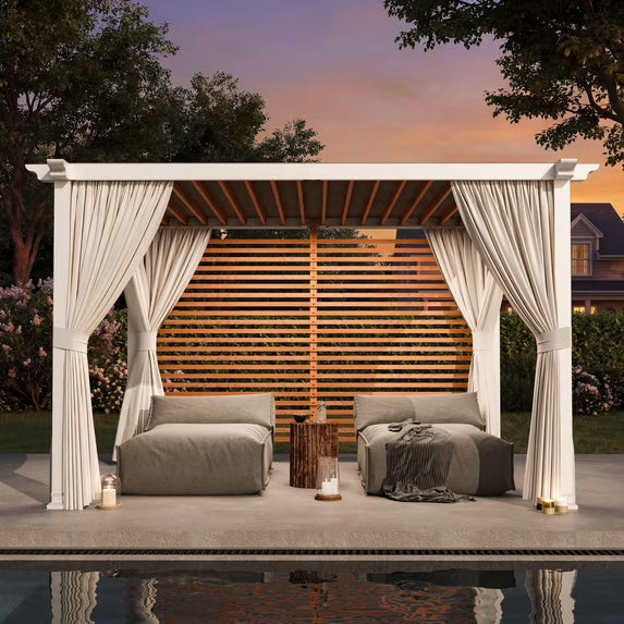 Modern Shade 10'x12' Open Sky Pergola Cabana with Trellis Roof, Heavy Duty Metal Frame, Privacy Curtains, Wood Grain Back Wall & Textilene Sun Shelter for Patio