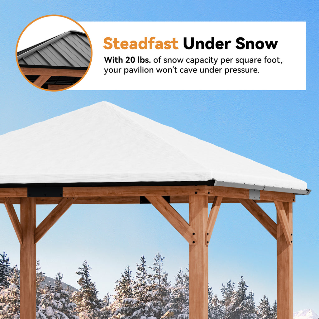 Modern Shade Tranquil Grove 10'x10' Hardtop Gazebo, Cedar Frame, Steel Roof, Netting, Curtain, Brown Outdoor Pavilion