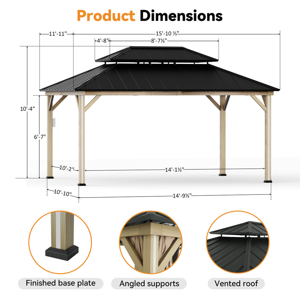 Modern Shade 12'x16' Hardtop Gazebo Wood-Look Aluminum 4 LED Lights USB Ports for Outdoor Patio Deck