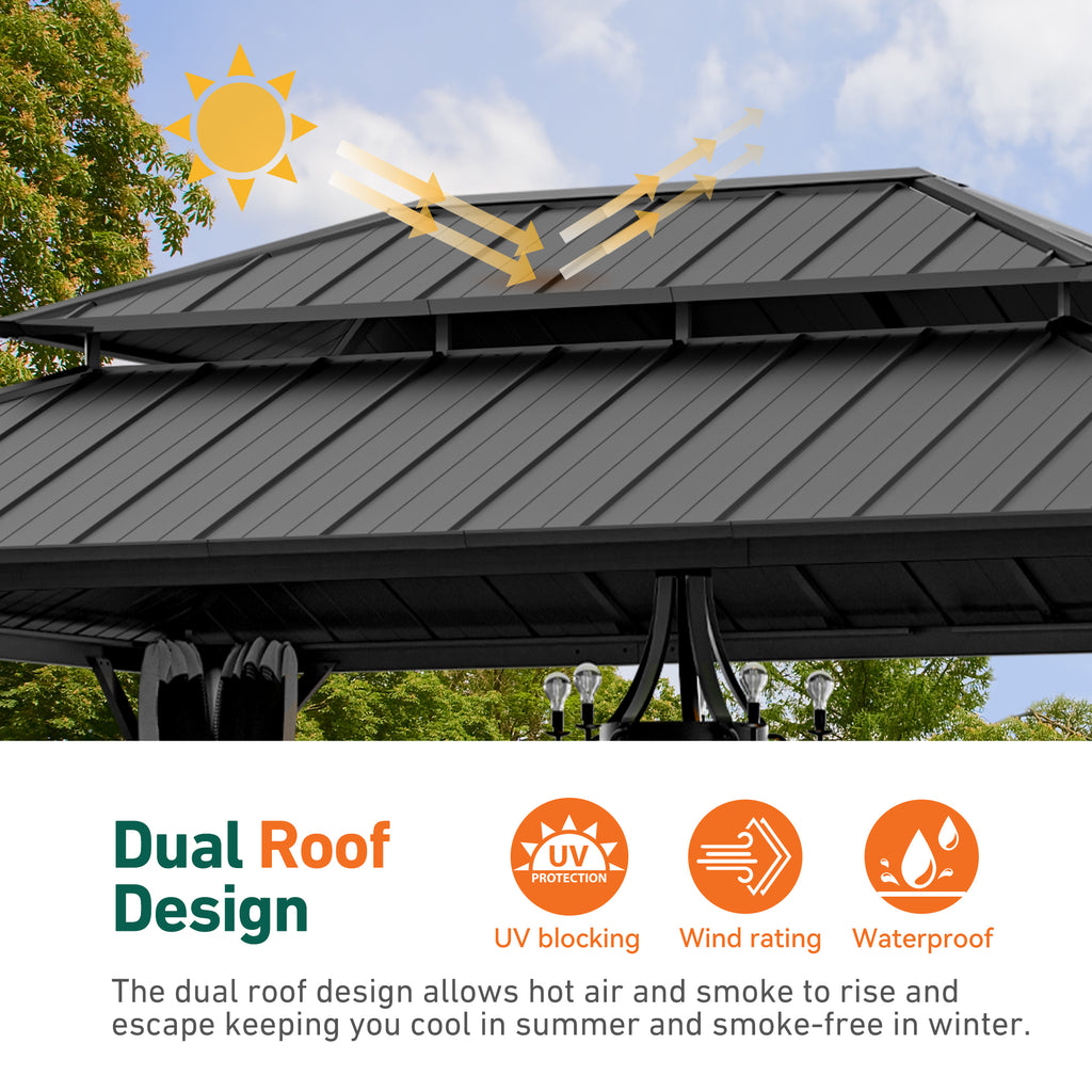 Modern Shade Hardtop Gazebo 12' x 16' with 4 LED Lights, Permanent Gazebo with Double Galvanized Steel Roof for Outdoor Backyard, Brown