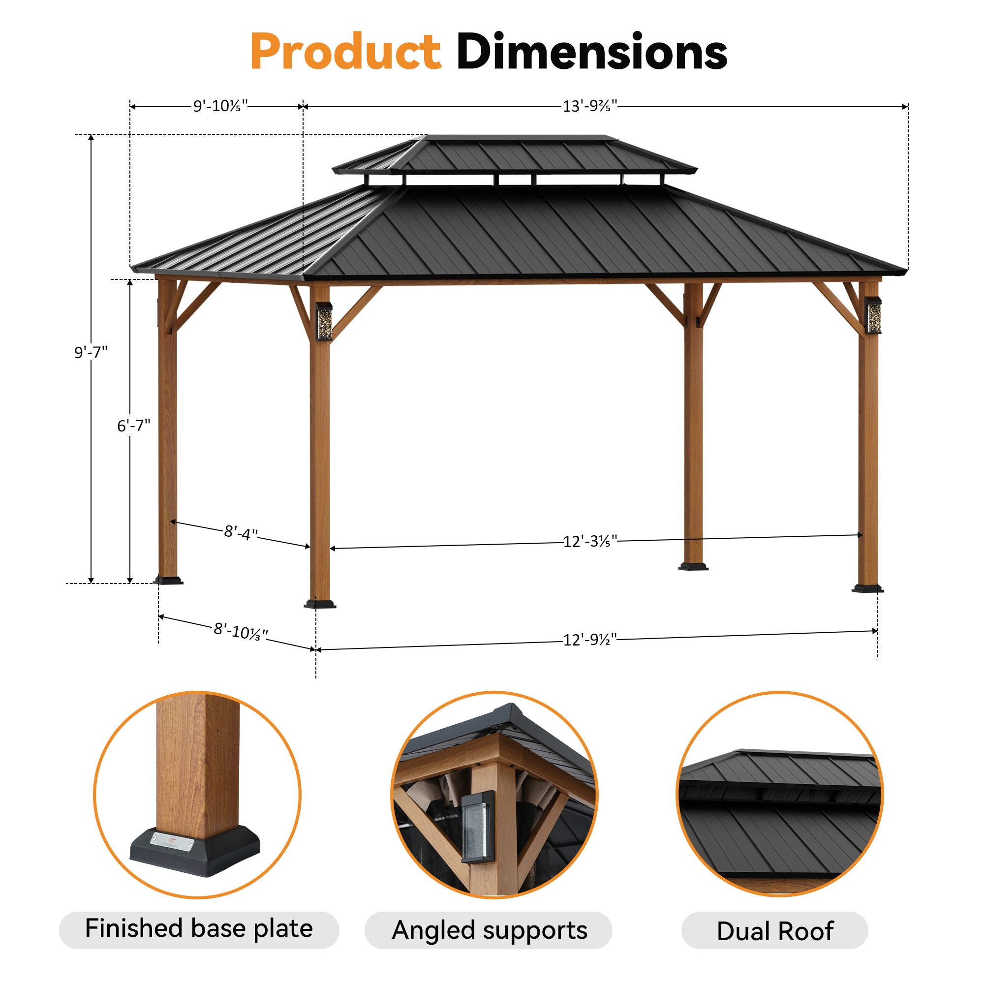 Modern Shade Hardtop Gazebo 10' x 14' with 4 LED Lights, Permanent Gazebo with Double Galvanized Steel Roof for Outdoor Backyard, Brown