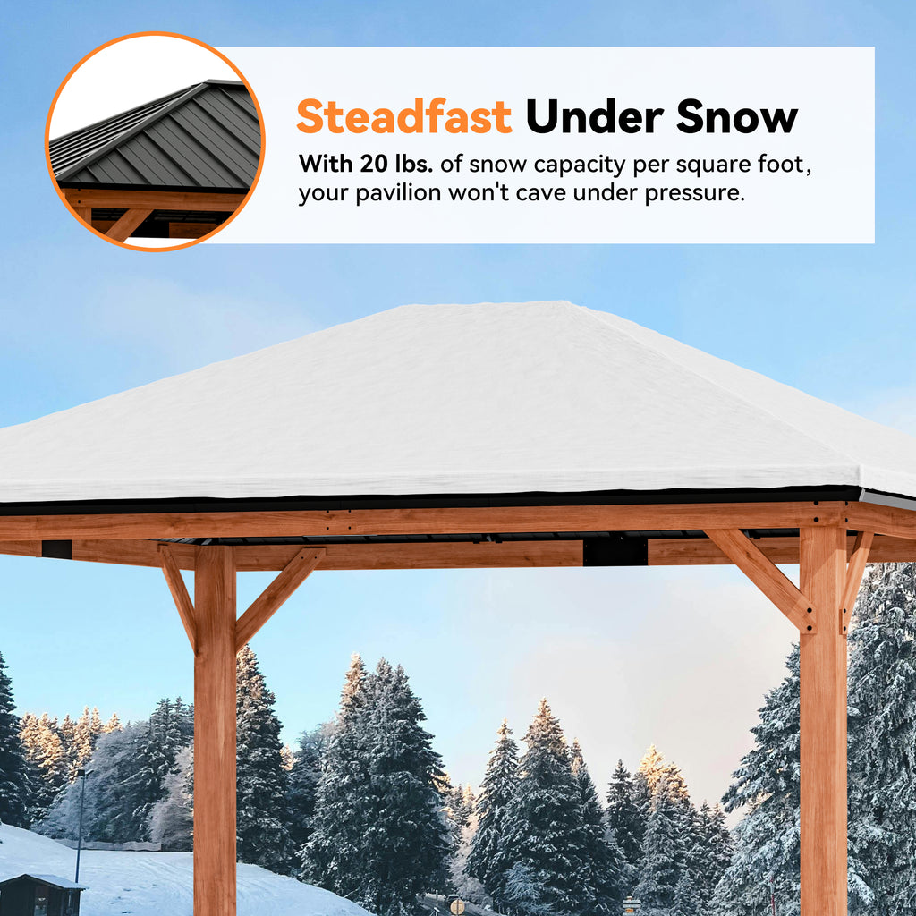 Modern Shade Tranquil Grove 12'x14' Hardtop Gazebo, Cedar Frame, Steel Roof, Netting, Curtains, Brown Outdoor