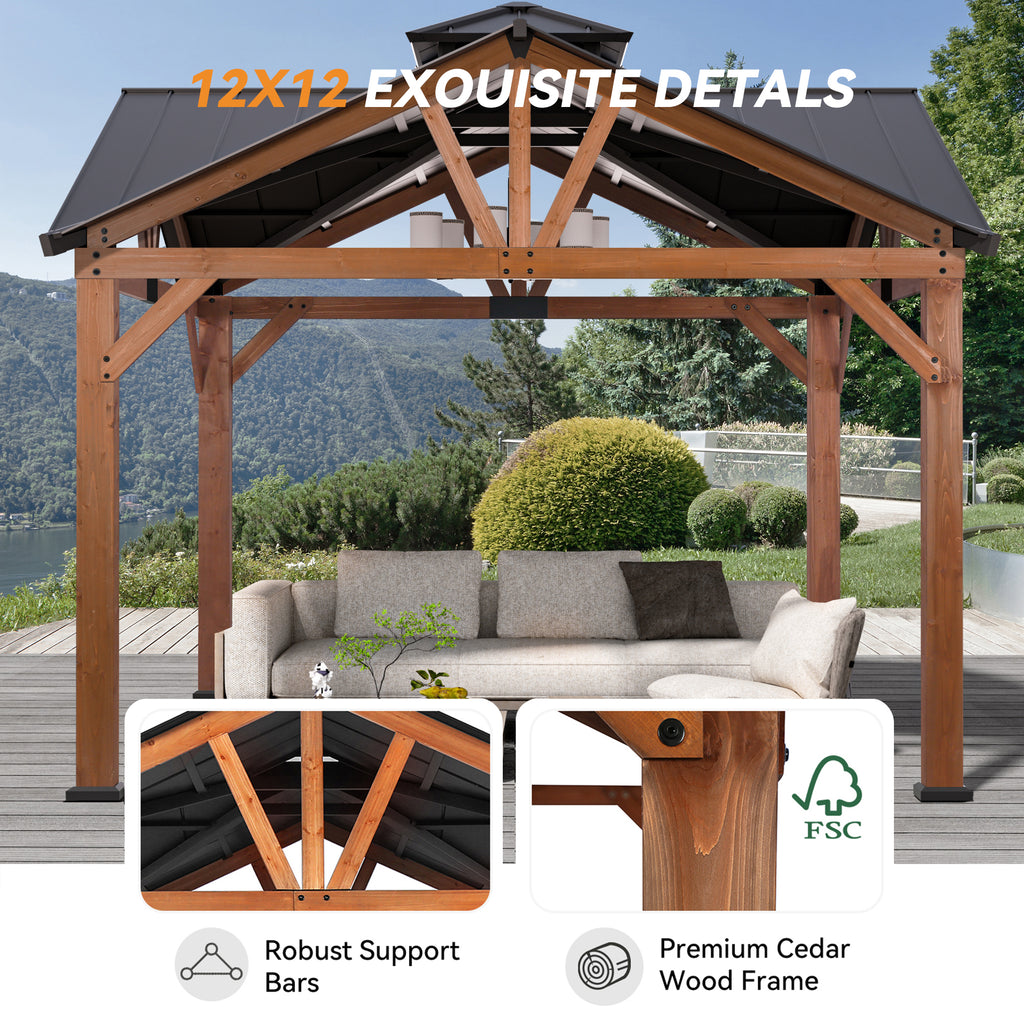 Modern Shade 12’ x 12’ Hardtop Wood Gazebo with Steel Roof, Water Resistant, Wind Resistant, Solid Cedar Frame