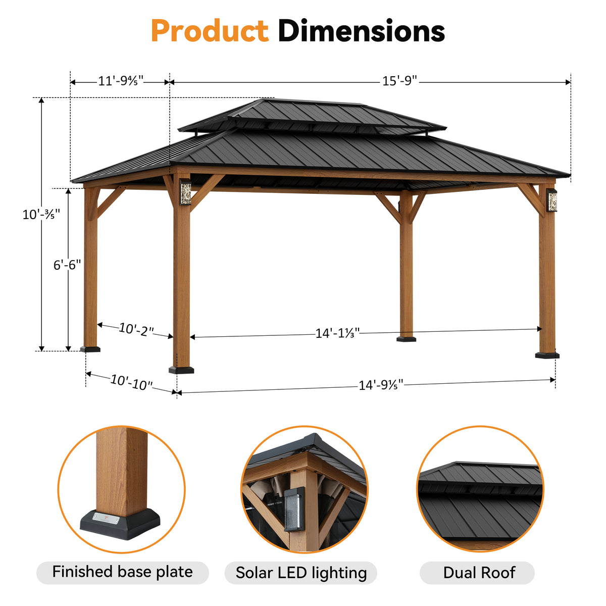 Modern Shade Hardtop Gazebo 12' x 16' with 4 LED Lights, Permanent Gazebo with Double Galvanized Steel Roof for Outdoor Backyard, Brown