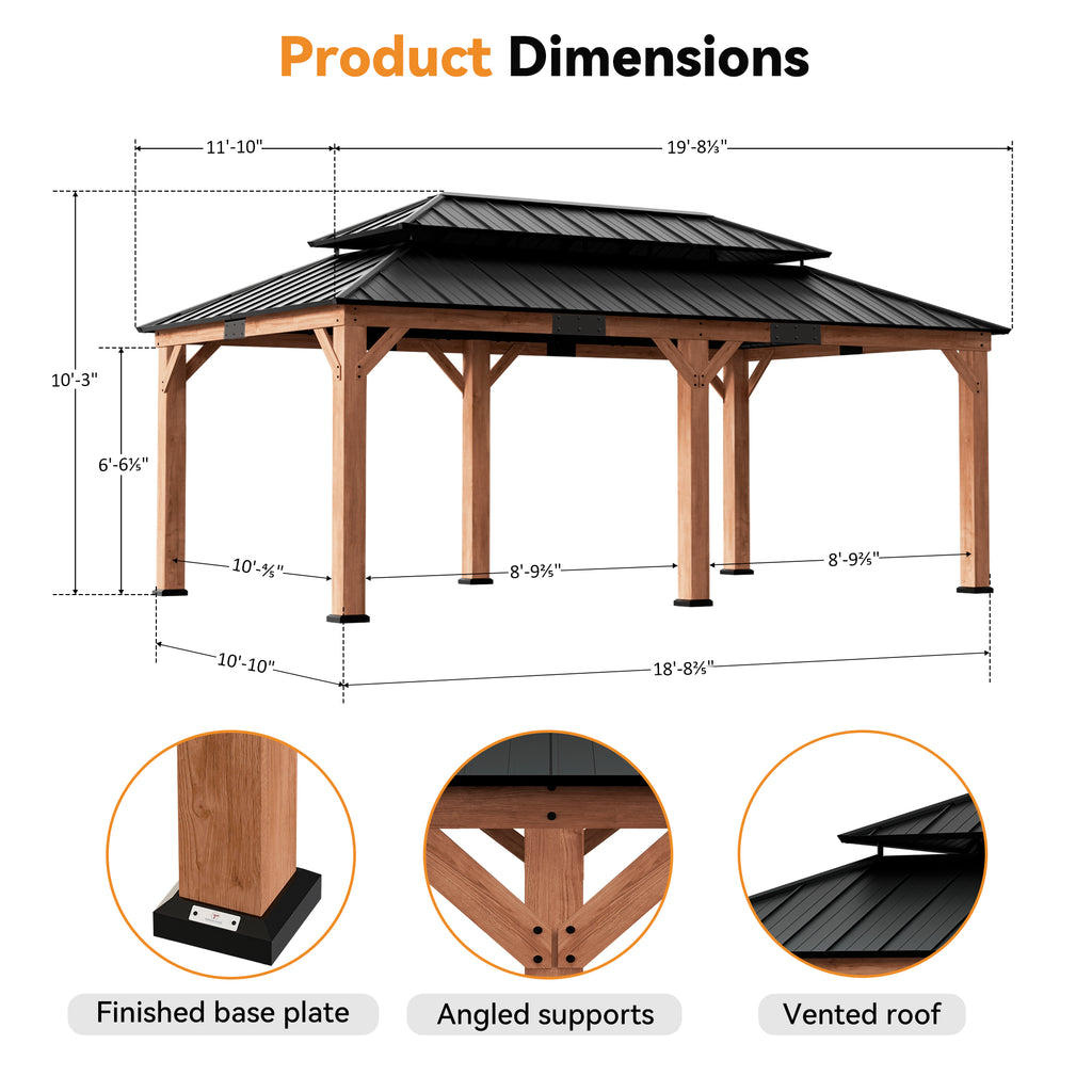 Modern Shade Rosewood 12'x20’Hardtop Gazebo,Cedar Framed Rosewood Pavilion with Double Galvanized Steel Roof,Permanent Patio Gazebo for Outdoor Brown