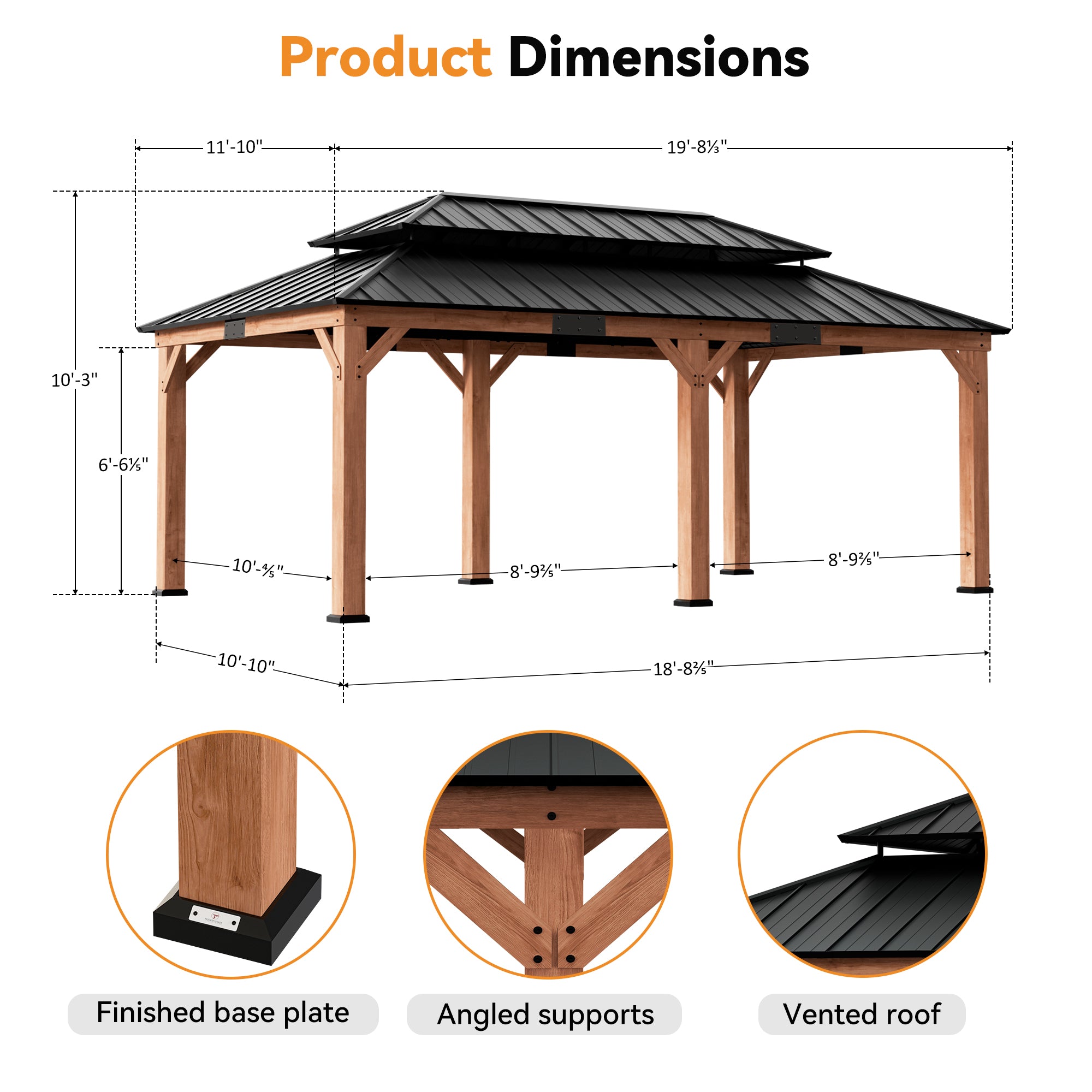 Modern Shade Rosewood 12'x20’Hardtop Gazebo,Cedar Framed Rosewood Pavilion with Double Galvanized Steel Roof,Permanent Patio Gazebo for Outdoor Brown