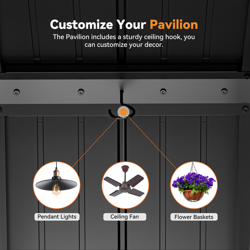 Modern Shade Horizon 12'x24' Hardtop Gazebo, Galvanized Steel Double Roof with 4 LED Lights, Netting & Curtains, Black