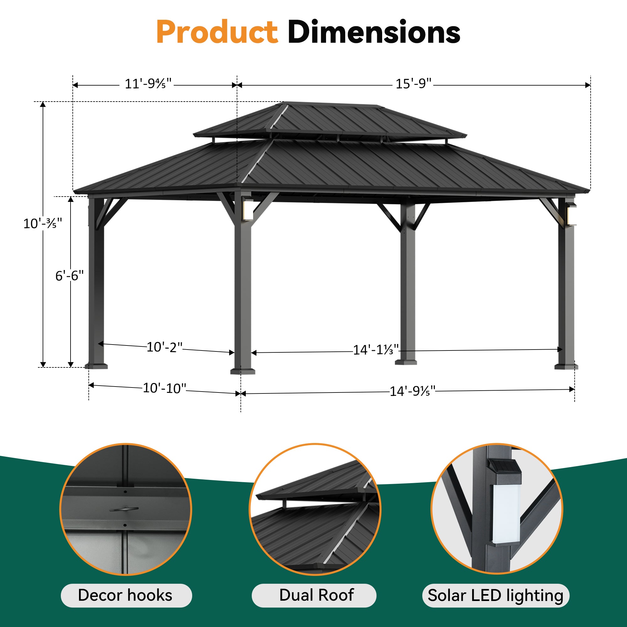Modern Shade Hardtop Gazebo 12' x 16' with 4 LED Lights, Permanent Gazebo with Double Galvanized Steel Roof for Outdoor Backyard, Brown