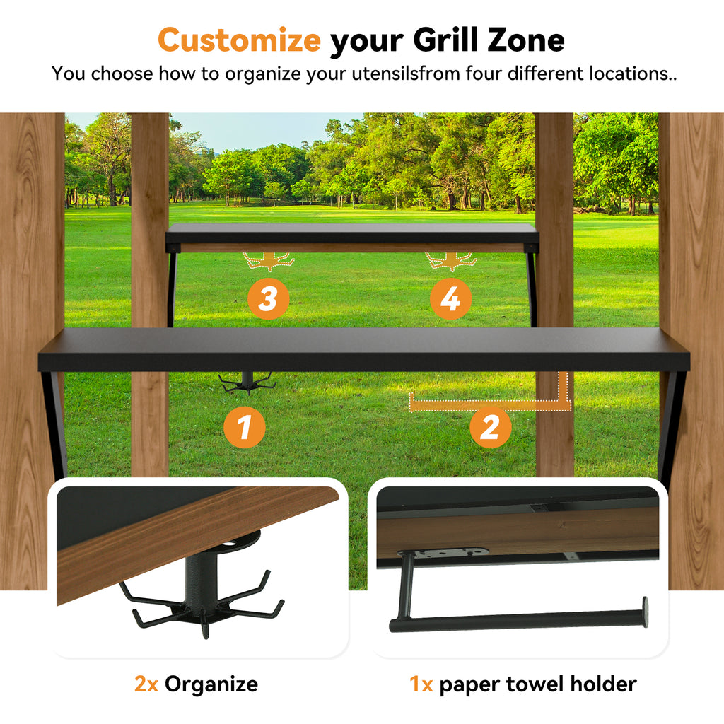 Modern Cedar Wood Grill Gazebo with Steel Roof & Shelving, 6' x 8', Patio BBQ Gazebo with USB Charging Ports