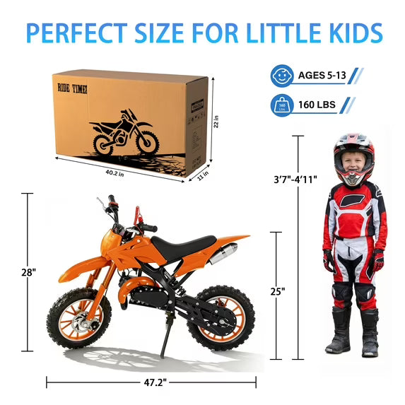 FONA 49cc 2-Stroke Dirt Bike for Kids 8-12, 25mph Mini Motorcycle with Dual Disc Brakes, Multi Terrain Tires, Suspension & Soft Seat Orange
