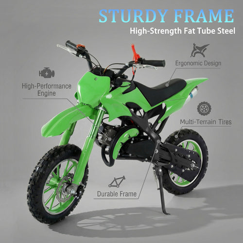 FONA 49cc 2-Stroke Dirt Bike for Kids 8-12, 25mph Mini Motorcycle with Dual Disc Brakes, Multi Terrain Tires, Suspension & Soft Seat Green