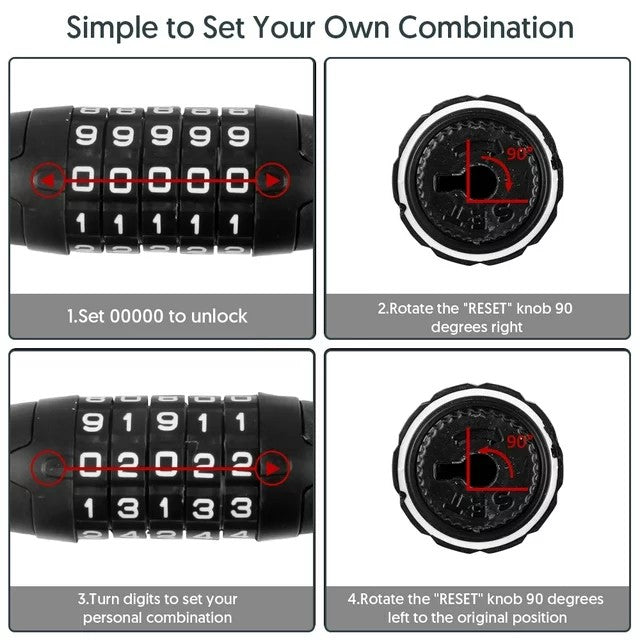 FONA 4ft 4-Digit Resettable Combination Bike Cable Lock, Anti-Theft Secure Bicycle Lock for Outdoor Use, Black