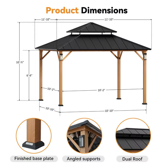 Modern Shade Hardtop Gazebo 12' x 12' with 4 LED Lights, Permanent Gazebo with Double Galvanized Steel Roof for Outdoor Backyard, Brown