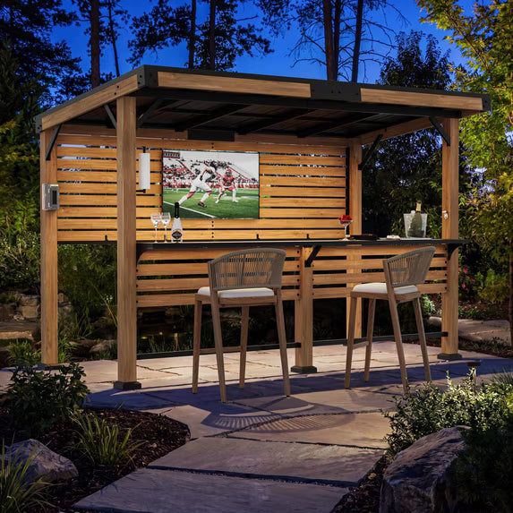 Modern Shade Woodberry 6' X 12' Cedar Outdoor Bar Gazebo with TV Mount, Dual Bar Tops & USB Charging Ports