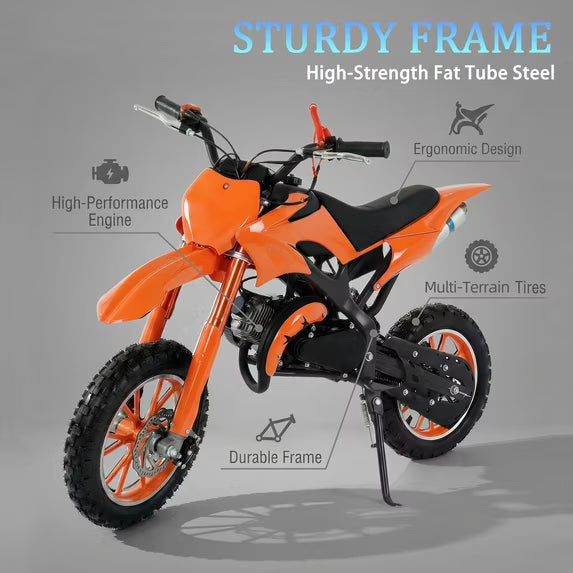 FONA 49cc 2-Stroke Dirt Bike for Kids 8-12, 25mph Mini Motorcycle with Dual Disc Brakes, Multi Terrain Tires, Suspension & Soft Seat Orange