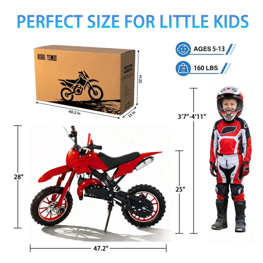 FONA 49cc Kids Dirt Bike 2-Stroke, 25MPH Mini Motorcycle for Ages 8–12, Dual Disc Brakes, Stable Suspension, Off-Road Tires, Soft Seat Red