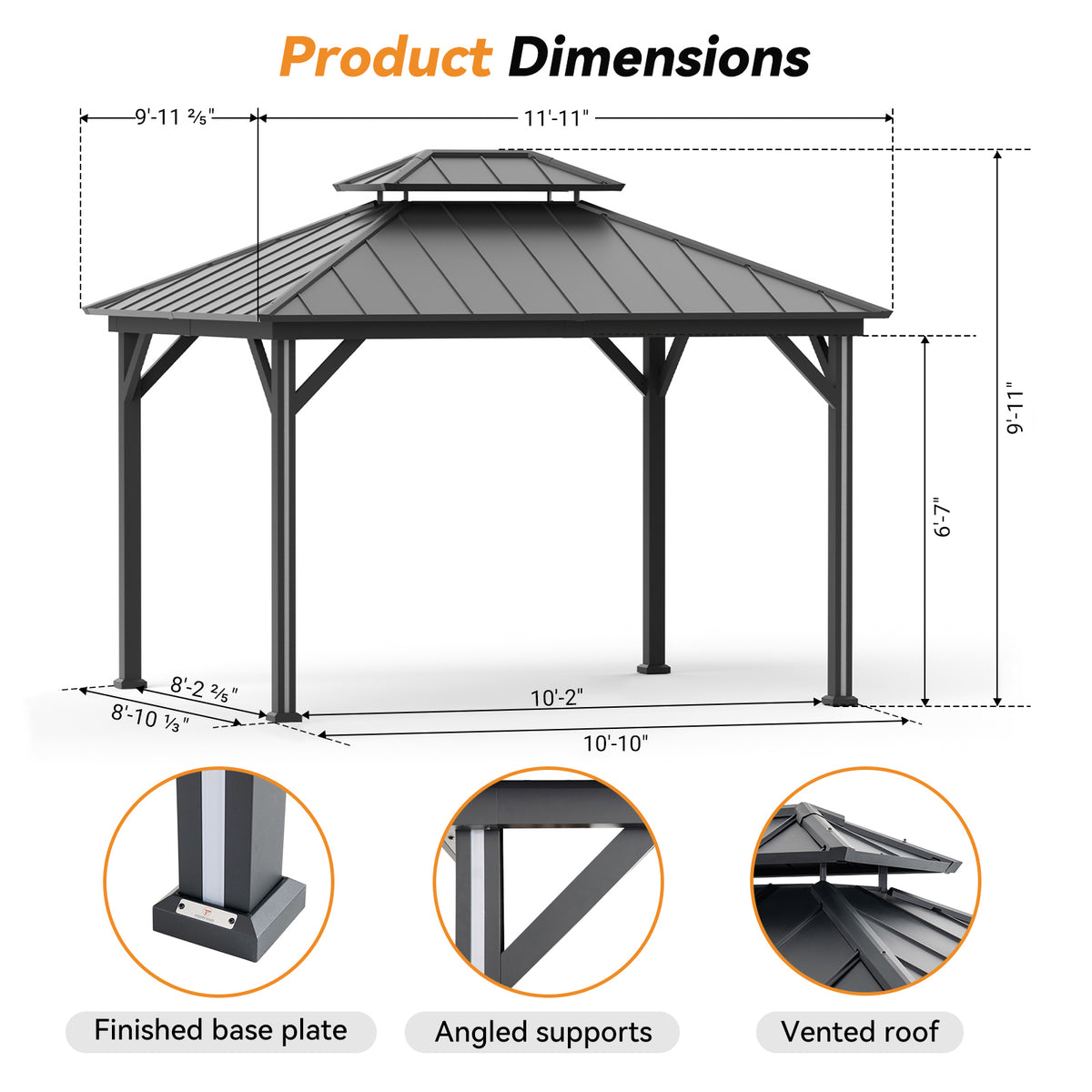 Modern Shade 10' x 12' Hardtop Gazebo with Galvanized Steel Roof, Aluminum Frame, Weather-Resistant Netting