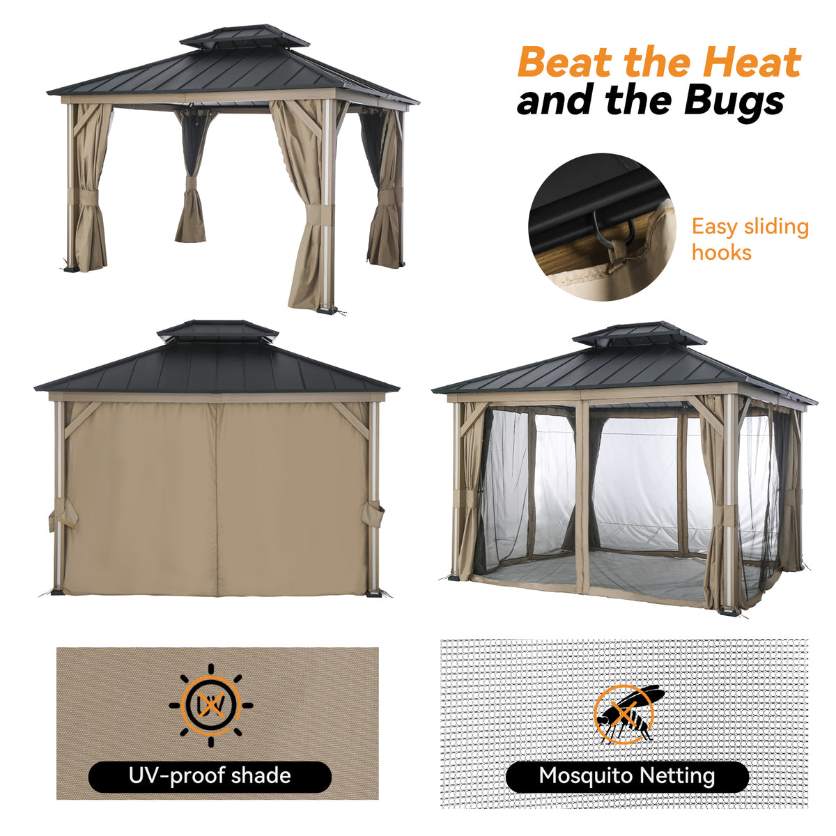 Modern Shade 10' x 12' Hardtop Steel Patio Gazebo with LED Strip Light and Ventilation