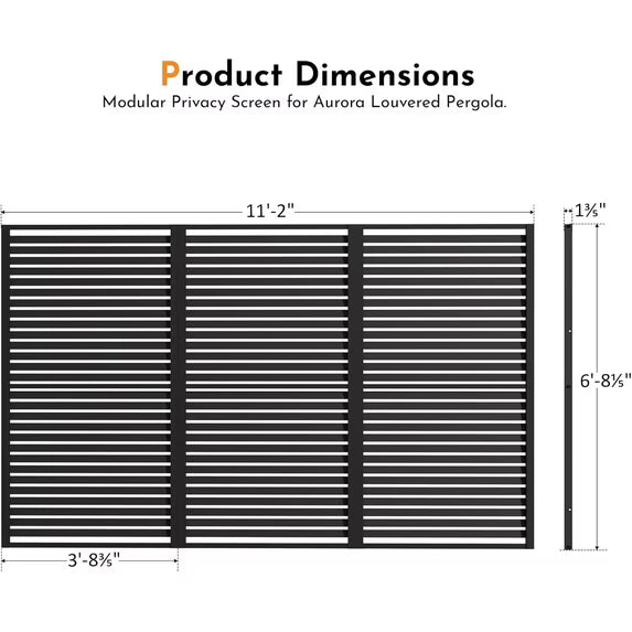 Modern Shade 12ft Modular Privacy Screen, Galvanized Steel Panel for Louvered Pergola, Easy Installation, Black