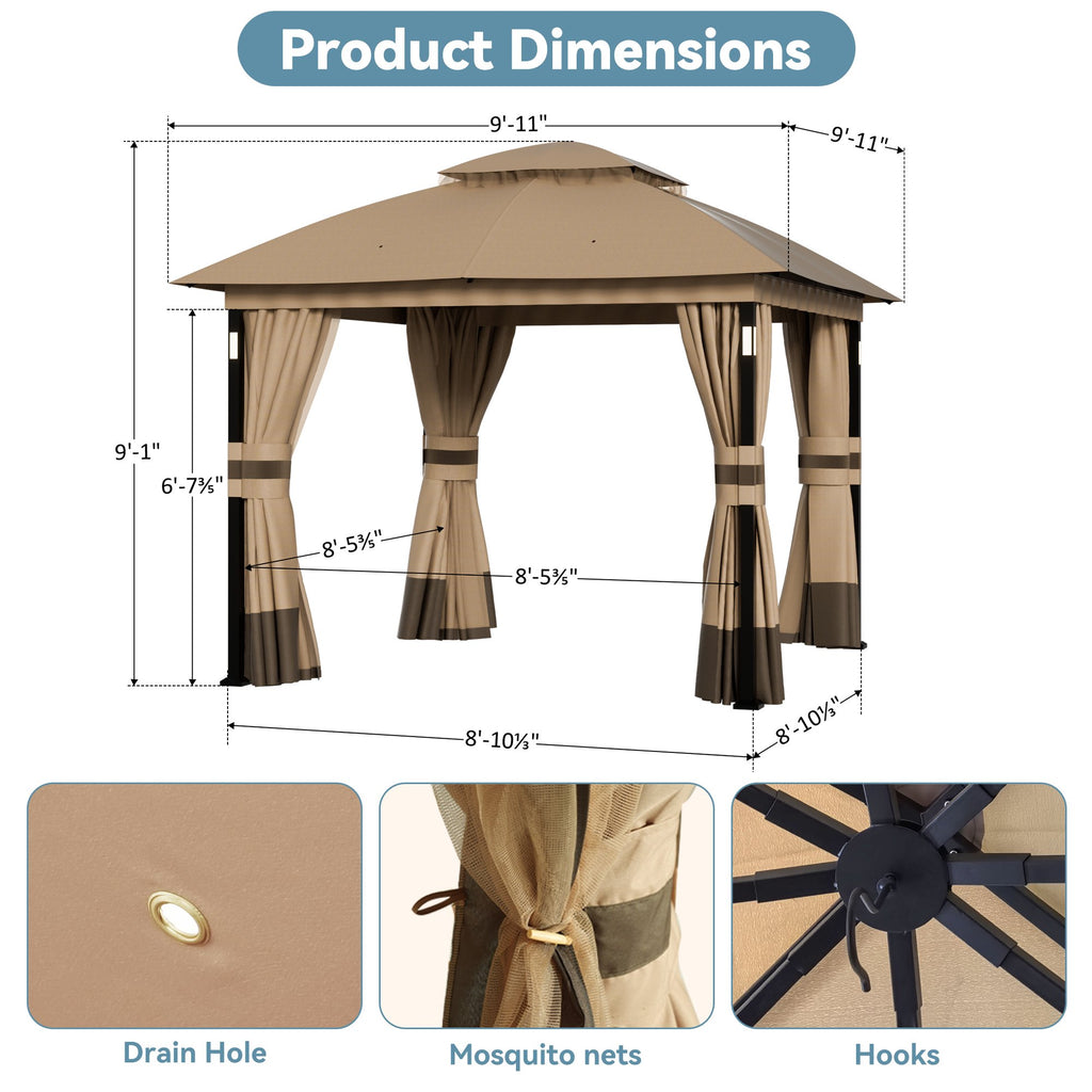 Big Leaf 10x10 Khaki Gazebo Double Roof Heavy Duty Metal Frame with LED Lights Bluetooth Speaker Netting and Curtains