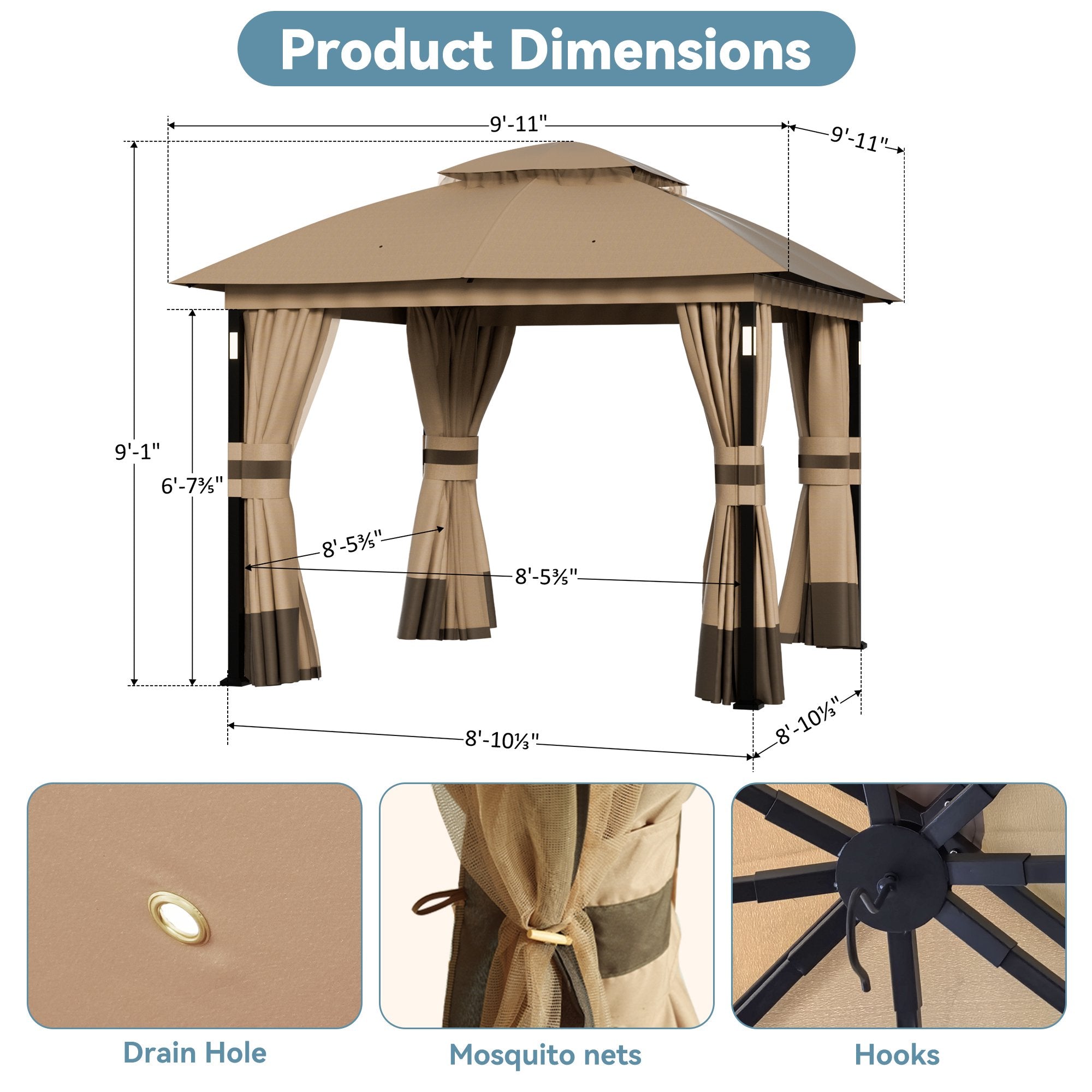Big Leaf 10x10 Khaki Gazebo Double Roof Heavy Duty Metal Frame with LED Lights Bluetooth Speaker Netting and Curtains