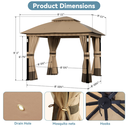 Big Leaf 10x10 Khaki Gazebo Double Roof Heavy Duty Metal Frame with LED Lights Bluetooth Speaker Netting and Curtains