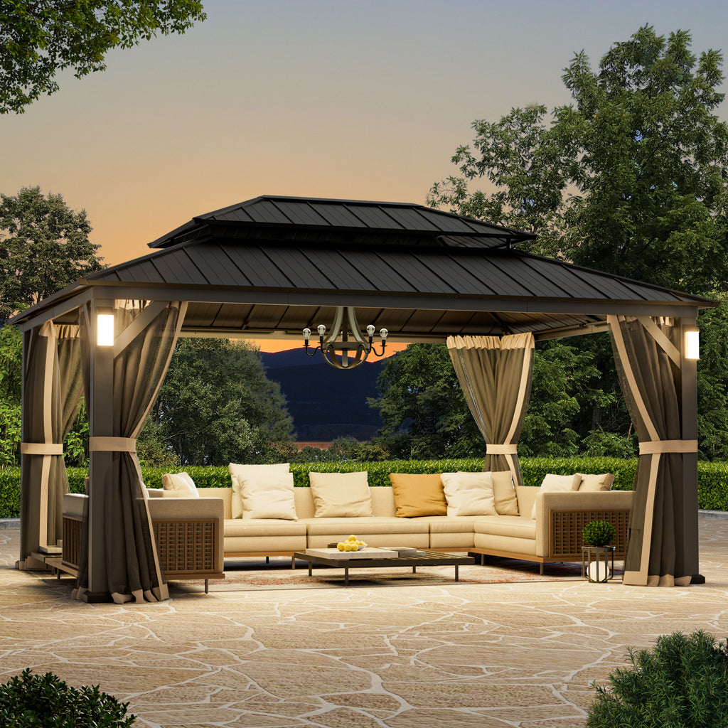 Modern Shade Hardtop Gazebo 12' x 16' with 4 LED Lights, Permanent Gazebo with Double Galvanized Steel Roof for Outdoor Backyard, Brown