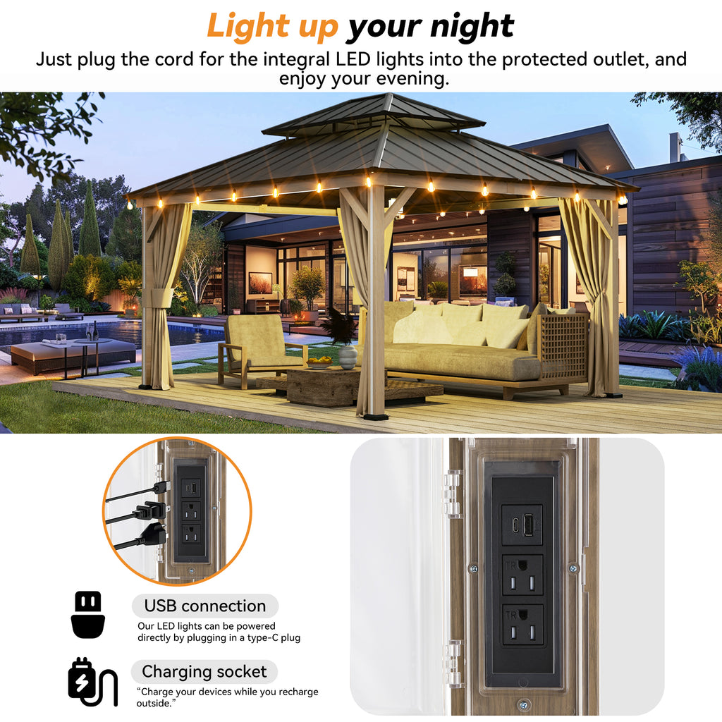 Modern Shade 12' x 14' Hardtop Gazebo with LED Lighting, USB Ports, Curtains, Netting, and Double Roof