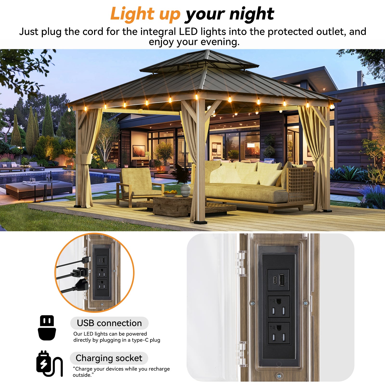 Modern Shade 12' x 14' Hardtop Gazebo with LED Lighting, USB Ports, Curtains, Netting, and Double Roof