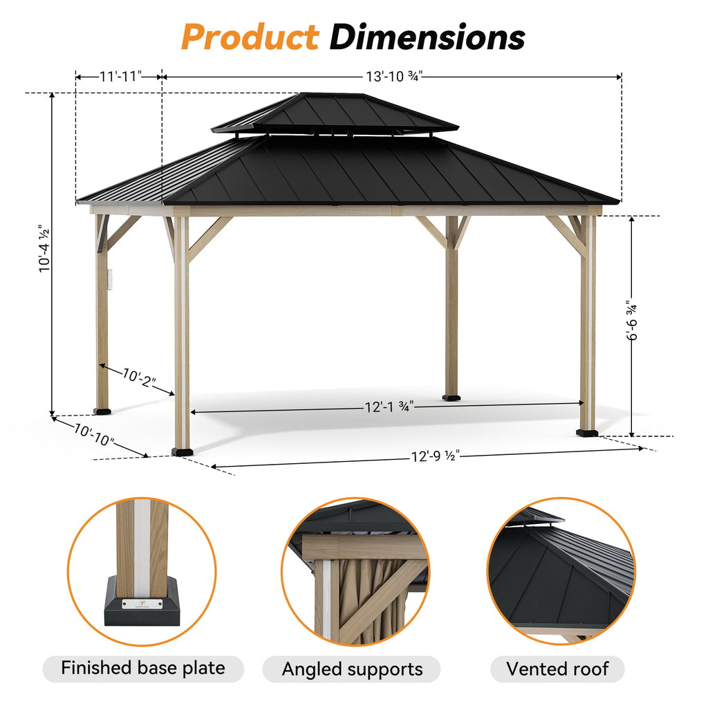Modern Shade 12' x 14' Hardtop Gazebo with LED Lighting, USB Ports, Curtains, Netting, and Double Roof