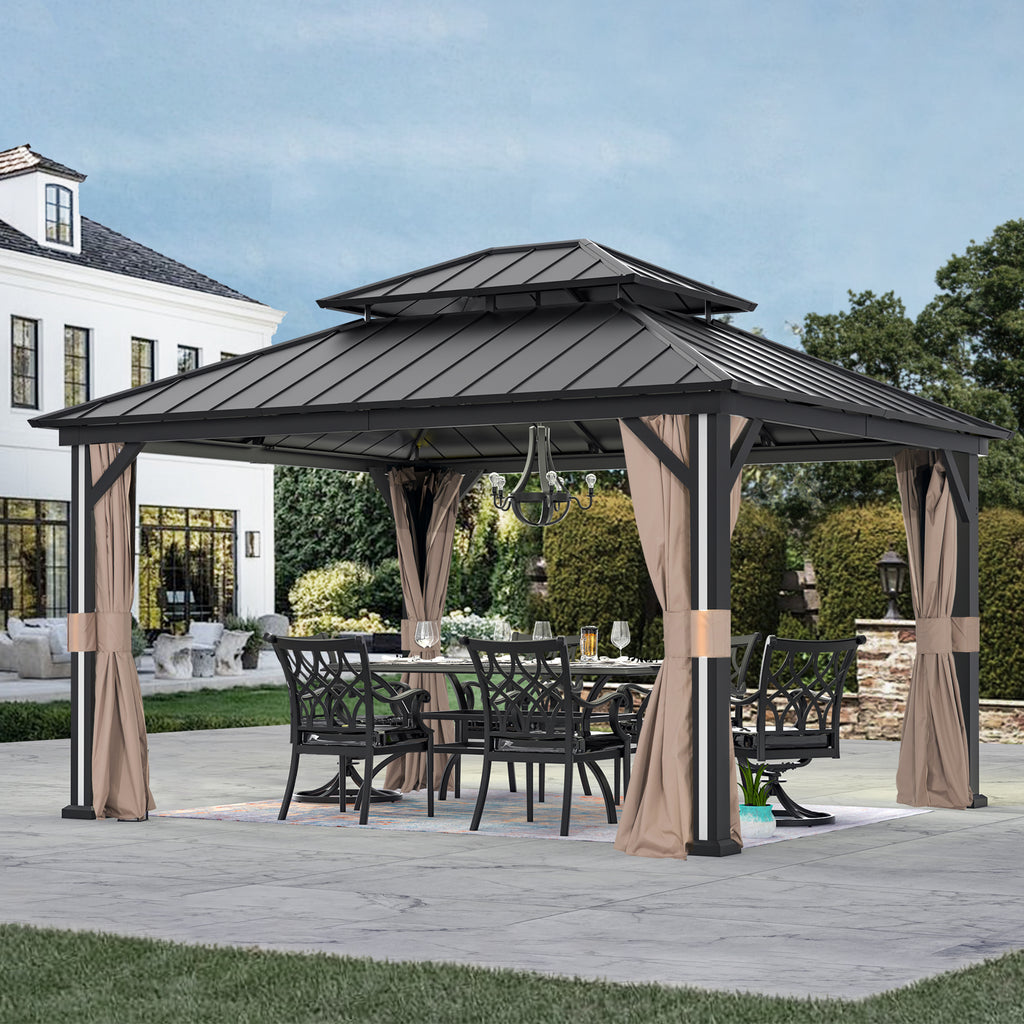 Modern Shade 12' x 14' Hardtop Gazebo with 4 LED Lights, Outdoor Gazebo with Double Galvanized Steel Roof, USB Charging Port Black