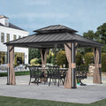 Modern Shade 12' x 14' Hardtop Gazebo with 4 LED Lights, Outdoor Gazebo with Double Galvanized Steel Roof, USB Charging Port Black