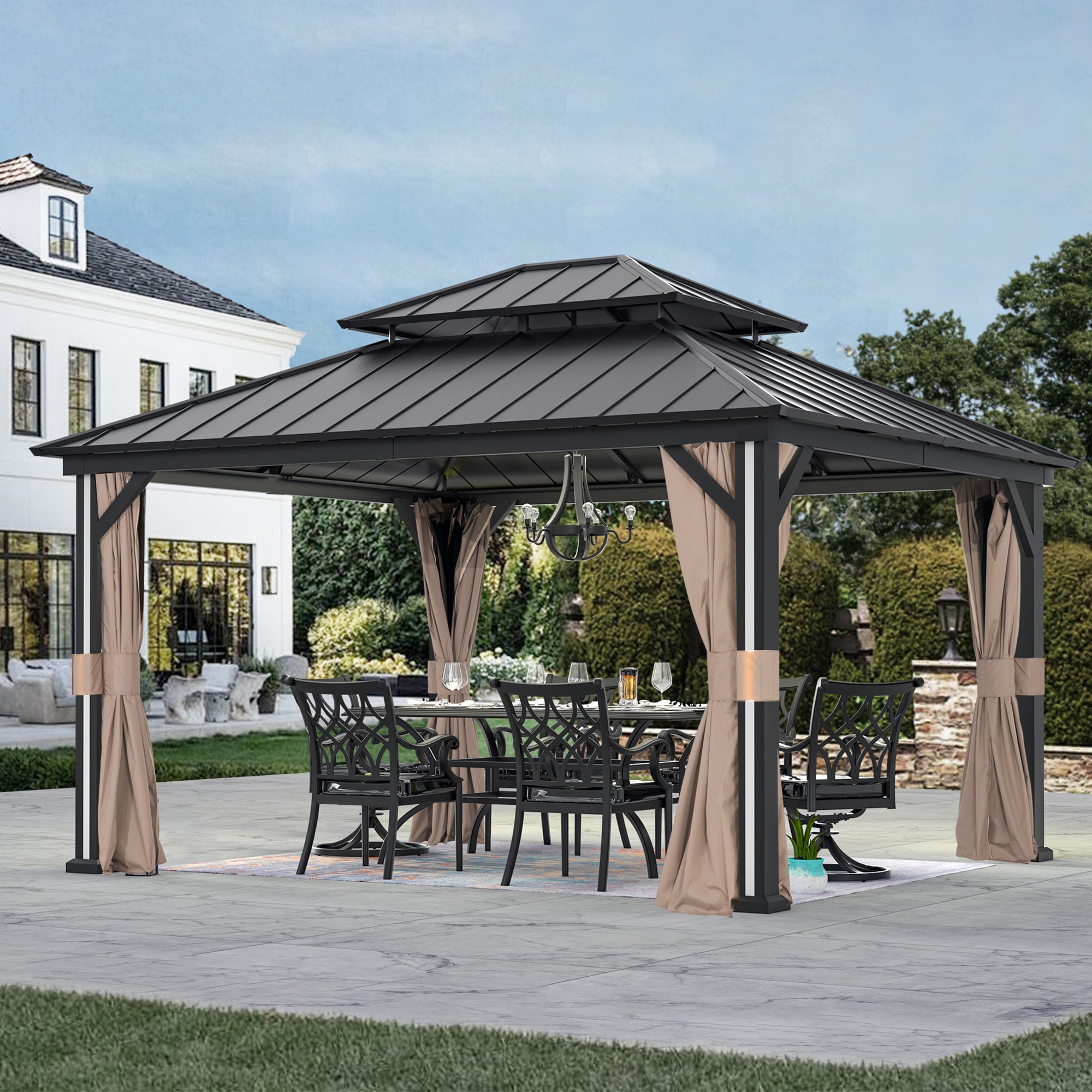 Modern Shade 12' x 14' Hardtop Gazebo with 4 LED Lights, Outdoor Gazebo with Double Galvanized Steel Roof, USB Charging Port Black