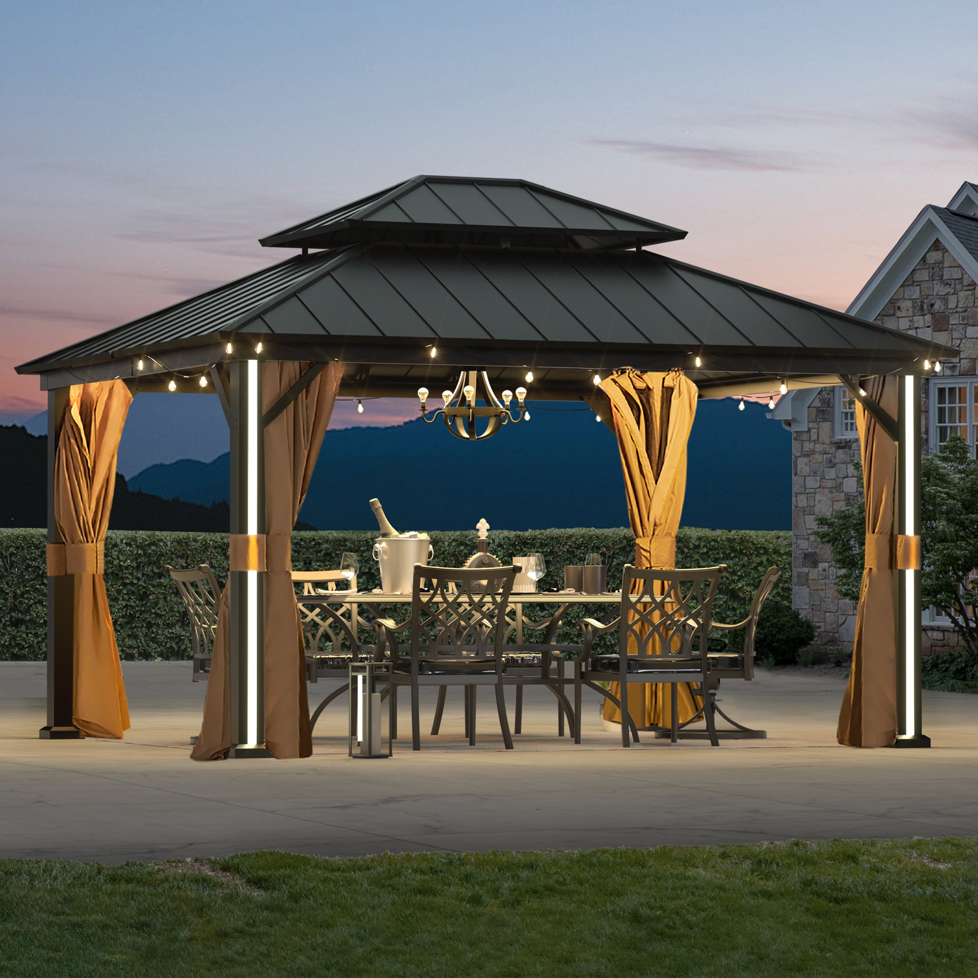 Modern Shade 12' x 14' Hardtop Gazebo with 4 LED Lights, Outdoor Gazebo with Double Galvanized Steel Roof, USB Charging Port Black