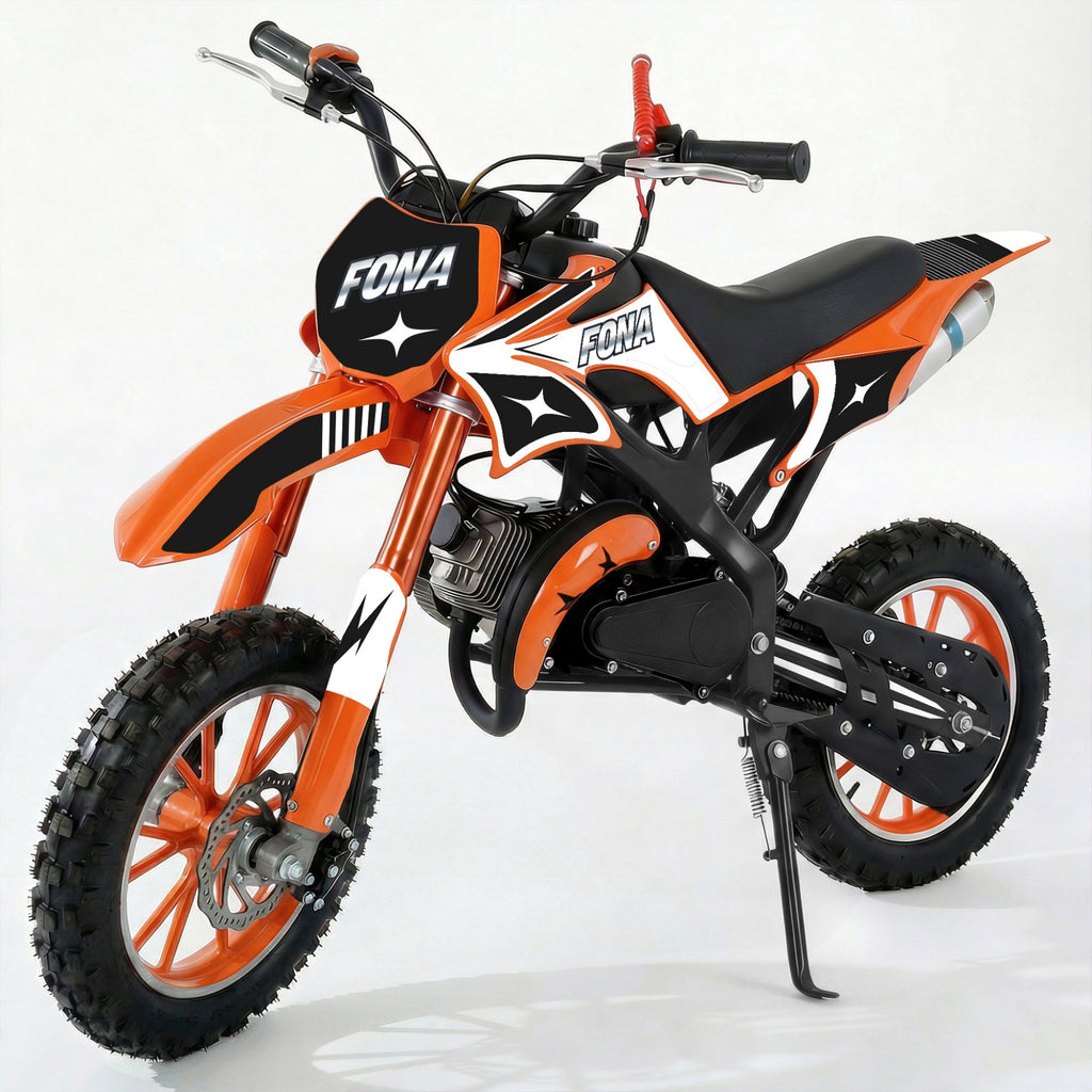 FONA 49cc 2-Stroke Dirt Bike for Kids 8-12, 25mph Mini Motorcycle with Dual Disc Brakes, Multi Terrain Tires, Suspension & Soft Seat Orange