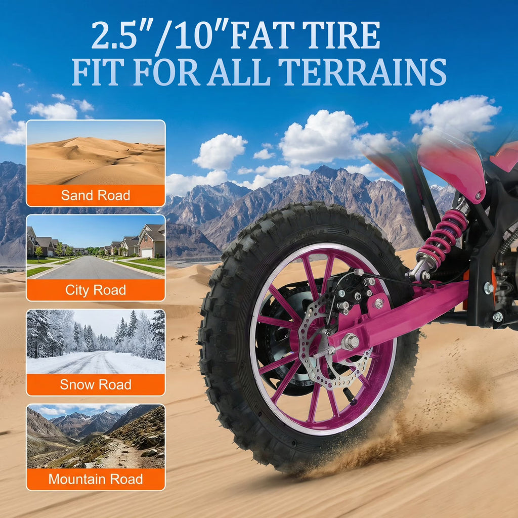 FONA 49cc Kids Dirt Bike 2-Stroke, 25MPH Mini Motorcycle for Ages 8–12, Dual Disc Brakes, Stable Suspension, Off-Road Tires, Soft Seat Pink
