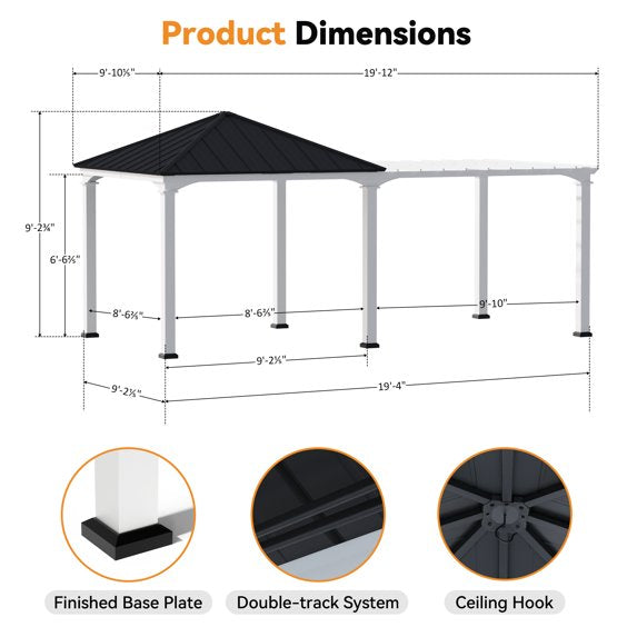 Modern Shade Sunrise Coast 10'x20' Hybrid Gazebo, Hardtop Pavilion with Adjustable Shade Fabric & Privacy Curtains, Outdoor Hot Tub Shelter, Black & White