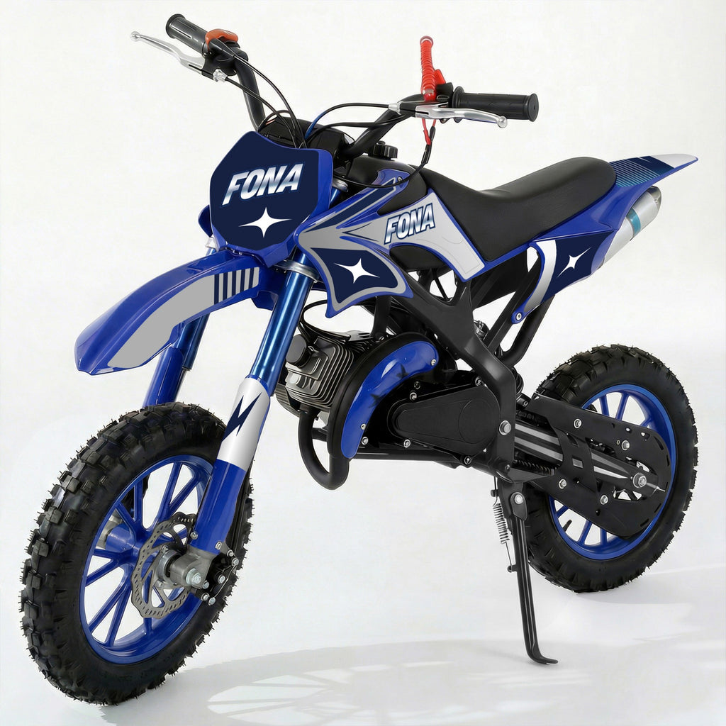 FONA 49cc 2-Stroke Dirt Bike for Kids 8-12, 25mph Mini Motorcycle with Dual Disc Brakes, Multi Terrain Tires, Suspension & Soft Seat Blue