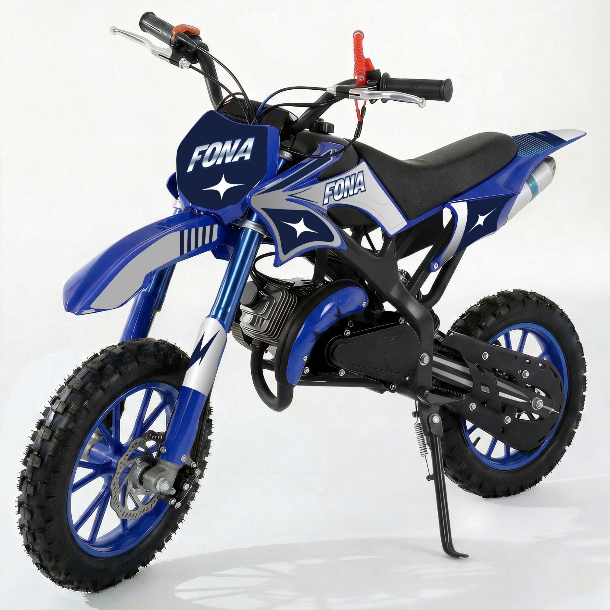 FONA 49cc 2-Stroke Dirt Bike for Kids 8-12, 25mph Mini Motorcycle with Dual Disc Brakes, Multi Terrain Tires, Suspension & Soft Seat Blue
